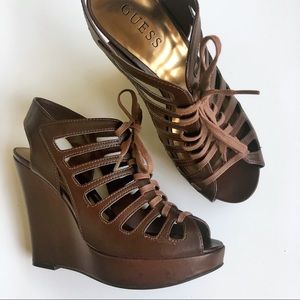 GUESS lace up ankle strap sandal wedge EUC